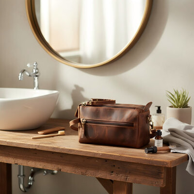 Rebrilliant Brown Unisex Genuine Leather Toiletry Bag - A Versatile Storage Bag/Shaving Bag/Travel Cosmetic Bag.