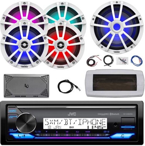 JVC KD-X38MBS Single-DIN Marine Bluetooth USB/AUX LED AM/FM SiriusXM Ready Stereo Receiver W/White Cover, 4x 6.5' 225W Peak Power Speakers, 10' RGB...