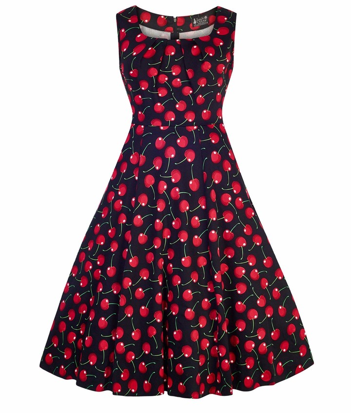 Lady Vintage 50's Jasmine Cherry Rockabilly Dress Black UK 8 (XS