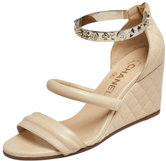Chanel Beige Quilted Leather Charm Embellished Ankle Cuff Wedge