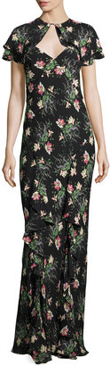 Vilshenko Floral-Print Silk Dress w/Capelet, Black Pattern