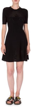 Kenzo Short-Sleeve Scalloped Fit-and-Flare Dress, Black
