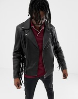 Thumbnail for your product : ASOS Design DESIGN leather biker jacket with tassel detail in black