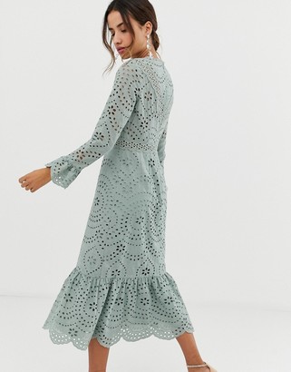 ASOS DESIGN DESIGN PREMIUM broderie maxi dress with pep hem and fluted sleeves