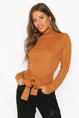 boohoo Petite Knitted Rib Roll Neck Tie Front Jumper