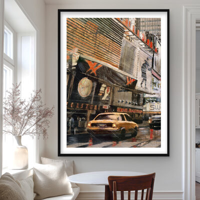 Lark Manor Street view with yellow taxi - Car Brown framed matted print
