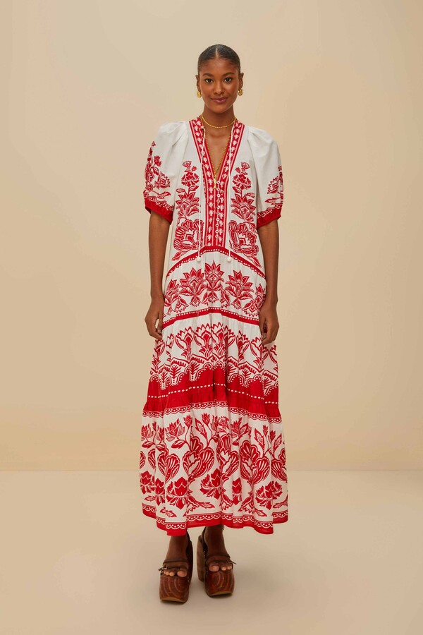 FARM RIO ACTIVE Off-White Boho Garden Short Sleeve Midi Dress