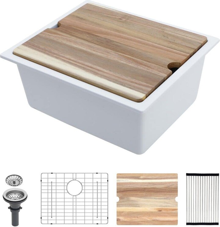 Afhocomp 21 in. Undermount Single Bowl White Quartz Kitchen Sink with Bottom Grids, Drain Board