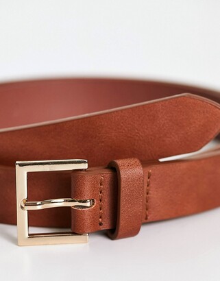 ASOS DESIGN smart faux leather skinny belt with gold buckle in tan
