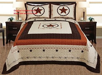 3-piece Western Lone Star Barb Wire Cabin / Lodge Quilt Bedspread Coverlet Set King / Cal King Size Beige, Brown, Black