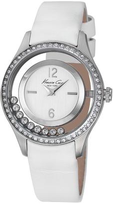 Kenneth Cole Stone Encrusted Bezel White Leather Strap Ladies Watch