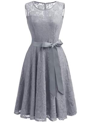 Dressystar Women's Floral Lace Dress Short Bridesmaid Dresses with Sheer Neckline S Grey