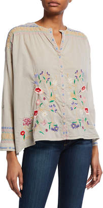 Johnny Was Gisella Floral Embroidered Voile Button-Down Blouse