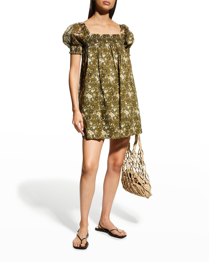 Tory Burch Floral Print Puff-Sleeve Smocked Mini Dress - ShopStyle