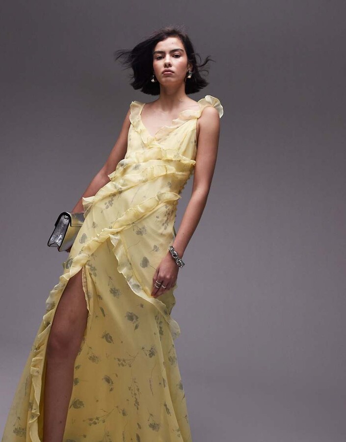 Topshop ruffle midi slip dress in yellow print ShopStyle