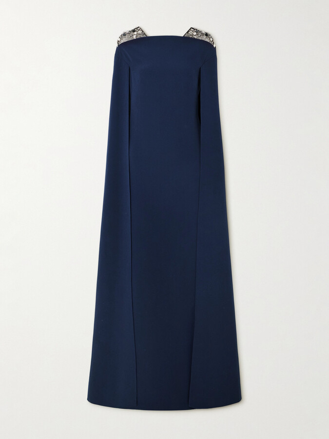 SAFIYAA - Aleyna Cape-effect Embellished Tulle-trimmed Crepe Gown - Blue