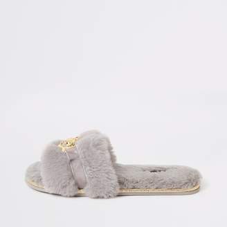 River Island Womens Grey faux fur mules slippers