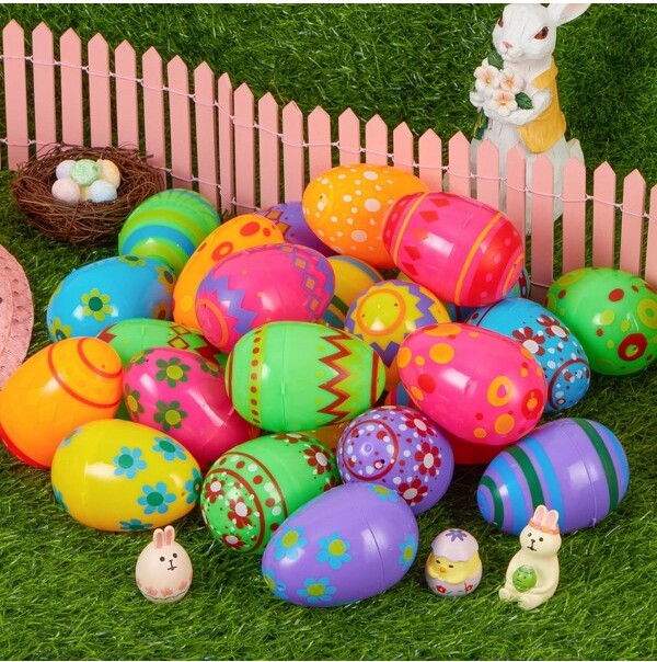 Joyfy18PCS3.15InchPrintedEasterEggs,FillableColorfulPlasticEggsforEasterHuntPartyFavorsBasketStuffersandClassroomPrizeSupplies