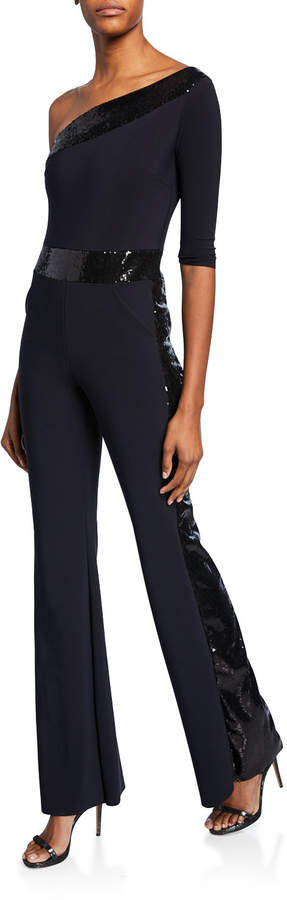 one shoulder flared jumpsuit