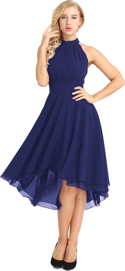 sleeveless v back high low navy blue dress