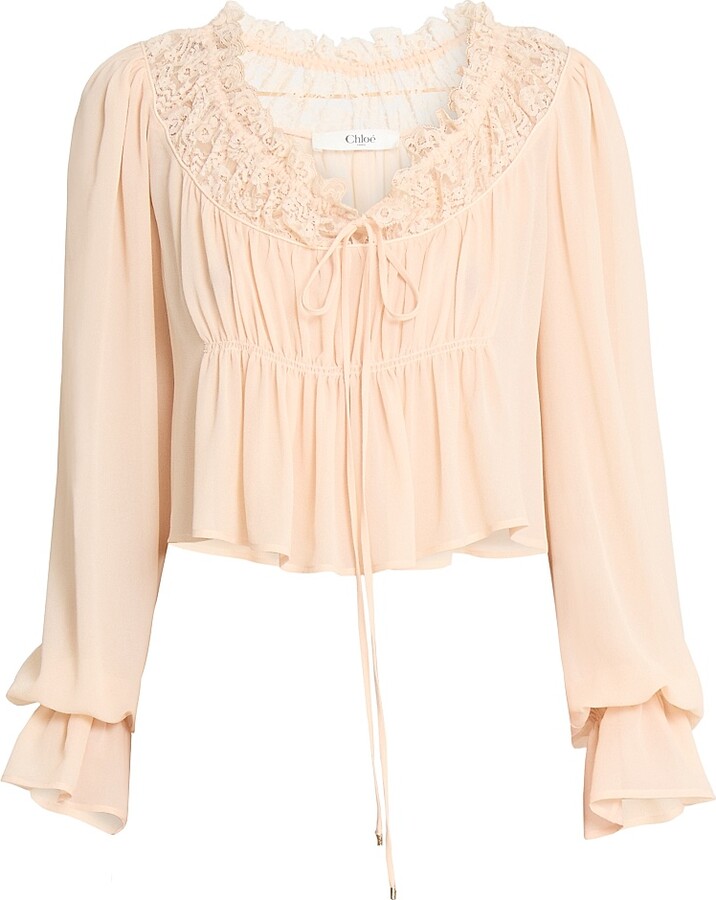 Chloé Women's Cropped Silk Lace-Trim Blouse - Apricot Pink - Size 4