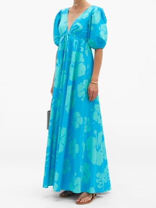 STAUD Amarettis V-neck Floral-print Cotton-blend Dress - Blue Print