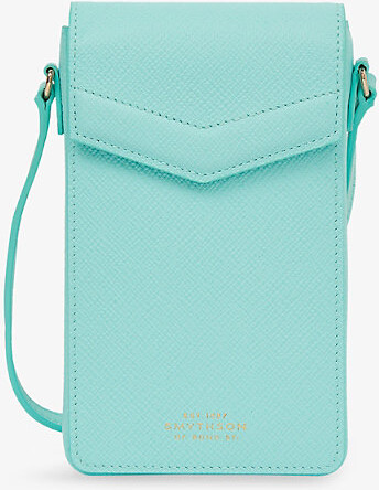 Smythson Mens Bright Aqua Envelope Leather Cross-Body Phone Case Pouch