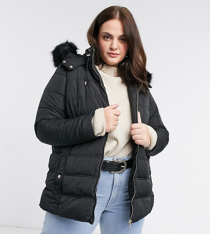 New Look Plus New Look Curve faux fur hooded puffer jacket in black -  ShopStyle