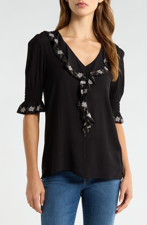 Bobeau Ruffle Embroidered Top