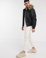 Thumbnail for your product : Schott N2B28 insulated parka bomber jacket slim fit detachable faux fur trim hood in black