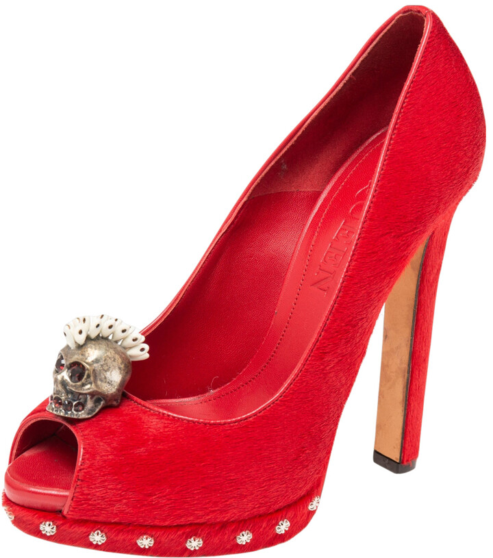 Alexander McQueen Red Calf Hair Embellished Skull Peep-Toe Pumps Size 38 -  ShopStyle