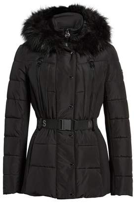 MICHAEL Michael Kors Belted Down Puffer Jacket with Faux Fur Trim