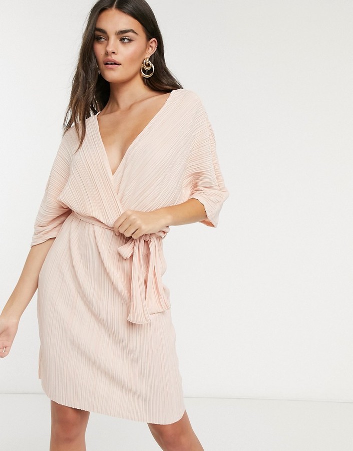 Y.A.S wrap mini dress with kimono sleeve in pale pink plisse