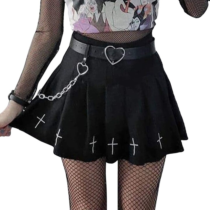 Anaike Women High Waist Gothic Punk Mini Skirts Cross Pattern A-line Short  Pleated Skirt Y2k Streetwear (Black - ShopStyle