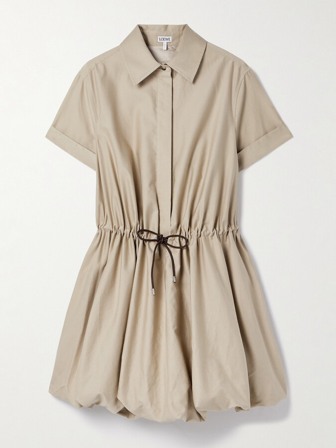 Loewe Leather-trimmed Gathered Cotton And Silk-blend Poplin Mini Shirt Dress - Neutrals
