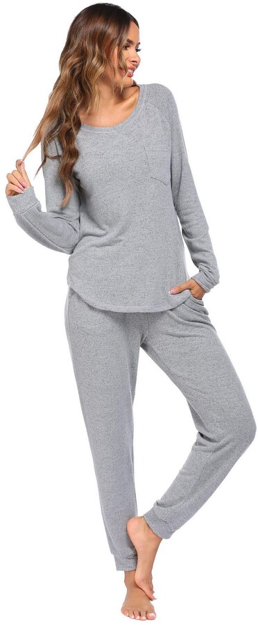 ADOME Women Cotton Pyjamas Set Long Sleeve Top and Striped Elastic Waist Trouser PJS Sleepwear S-XL