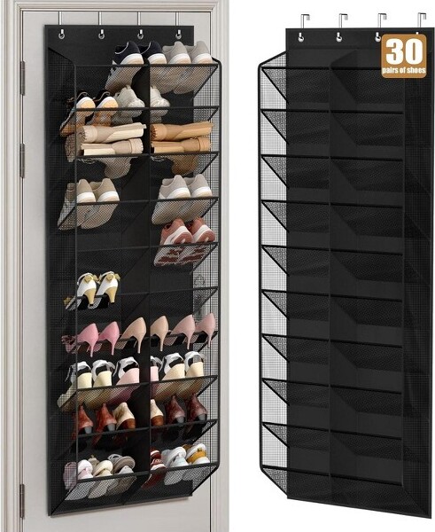 SetSail TheFamilyShoeSolution:10-TierBreathableOrganizerHolds30+Pairs-WideDeepMeshPocketsFitEverythingfromSneakerstoBootsBlack71