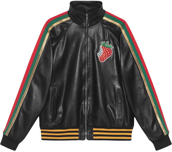 Gucci Leather bomber jacket with Strawberry - ShopStyle