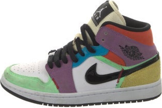 Jordan 1 Mid SE 'Multi-Color' High Top Sneakers Green, Purple & White Leather Printed Suede Trim Round-Toes Lace-Up Closure at Uppers Unfortunately, due to restrictions, this item may not be eligible for shipping in all areas.