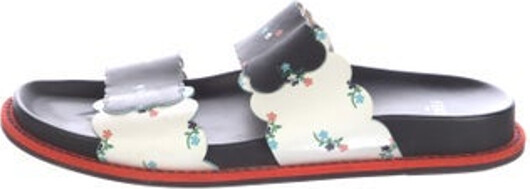 Fendi Leather Slides Black Floral Print Scalloped Accent Includes Dust Bag Unfortunately due to restrictions this item may not be eligible for shipping in all areas.
