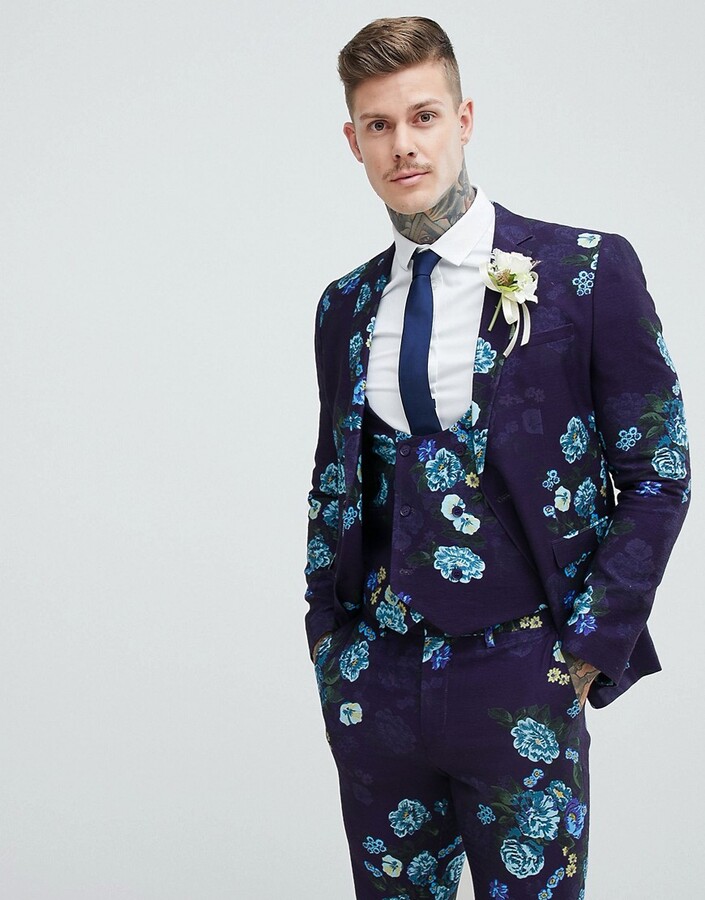 ASOS DESIGN Wedding Skinny Suit Jacket In Navy Floral Linen Look - ShopStyle