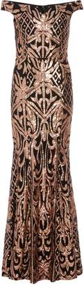 quiz black and rose gold sequin bardot maxi dress