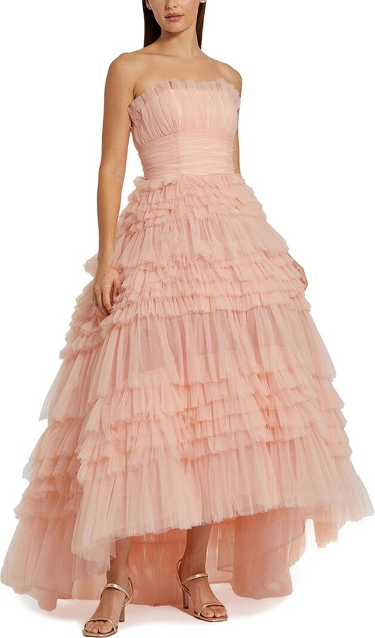 Strapless Tulle Ruffle Gown