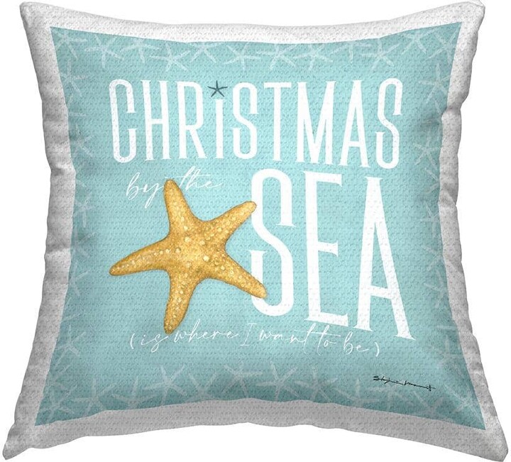 Christmas By The Sea Blue Holiday Blue Square Outdoor Throw Pillow