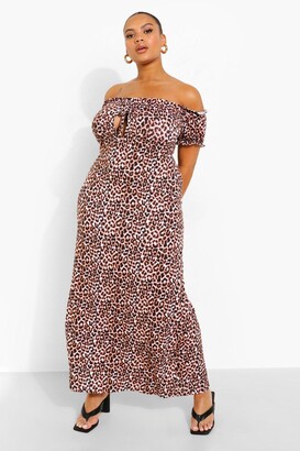 boohoo Plus Leopard Print Bardot Maxi Dress