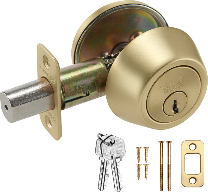 Single Cylinder 2-Way Round Corner Deadbolt with Latch – Satin Gold Deadbolt Lock – Design House, 728923