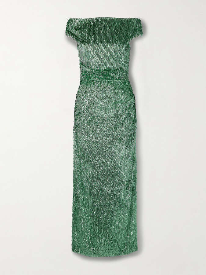 Erdem Off-the-shoulder Draped Embellished Tulle Midi Dress - Green