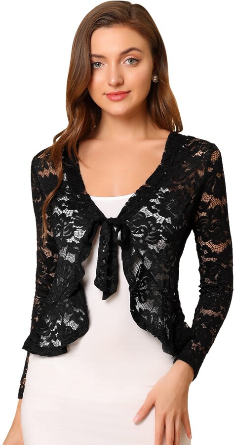 Greetuny Women's Crop Lace Cardigan Long Sleeve Sheer Floral Lace Top Scalloped Bolero Shrugs Cover Up