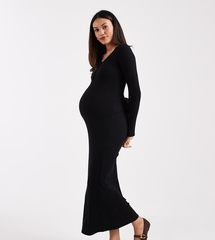 ASOS Maternity ASOS DESIGN Maternity ribbed scoop neck button midi dress with tie detail in black