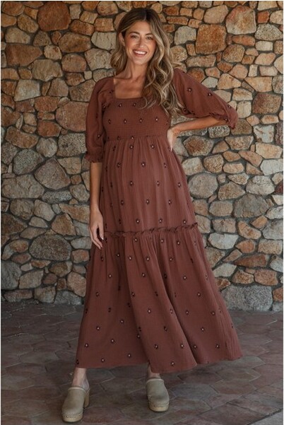 PinkblushBrownFloralSmockedPuffSleeveMaternityMaxiDressLarge
